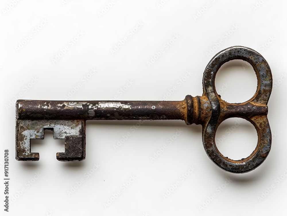 Rusty antique key lying on a white surface Rusty antique key lying on a white surface