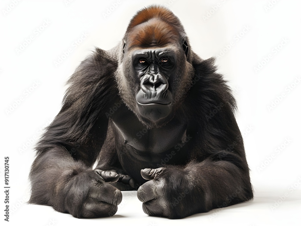 A close-up of a gorilla resting on a white background, showcasing its powerful build and focused expression A close-up of a gorilla resting on a white background, showcasing its powerful build and focused expression