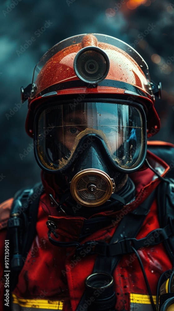 A firefighter in a red suit and mask is standing in front of a fire. Concept of danger and urgency, as the firefighter is ready to face the flames and protect others A firefighter in a red suit and mask is standing in front of a fire. Concept of danger and urgency, as the firefighter is ready to face the flames and protect others