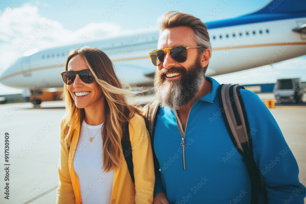 Couple in love exchange affection while boarding a plane trip. Airplane trip Couple in love exchange affection while boarding a plane trip. Airplane trip