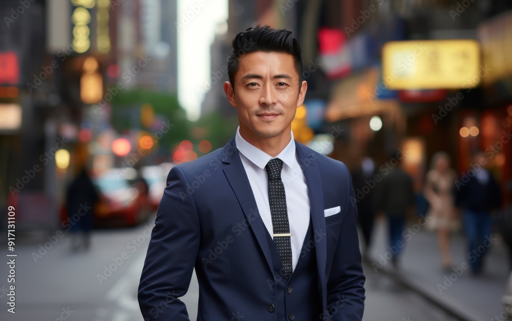 A man in a suit and tie stands on a city street. He is smiling and looking directly at the camera. The scene is bustling with activity, with several people walking by and cars driving down the street A man in a suit and tie stands on a city street. He is smiling and looking directly at the camera. The scene is bustling with activity, with several people walking by and cars driving down the street