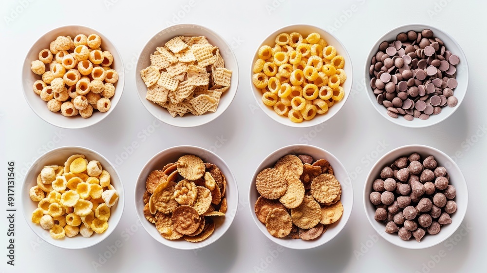 A selection of breakfast cereals in individual bowls, ranging from classic cornflakes to whole grain clusters. A selection of breakfast cereals in individual bowls, ranging from classic cornflakes to whole grain clusters.