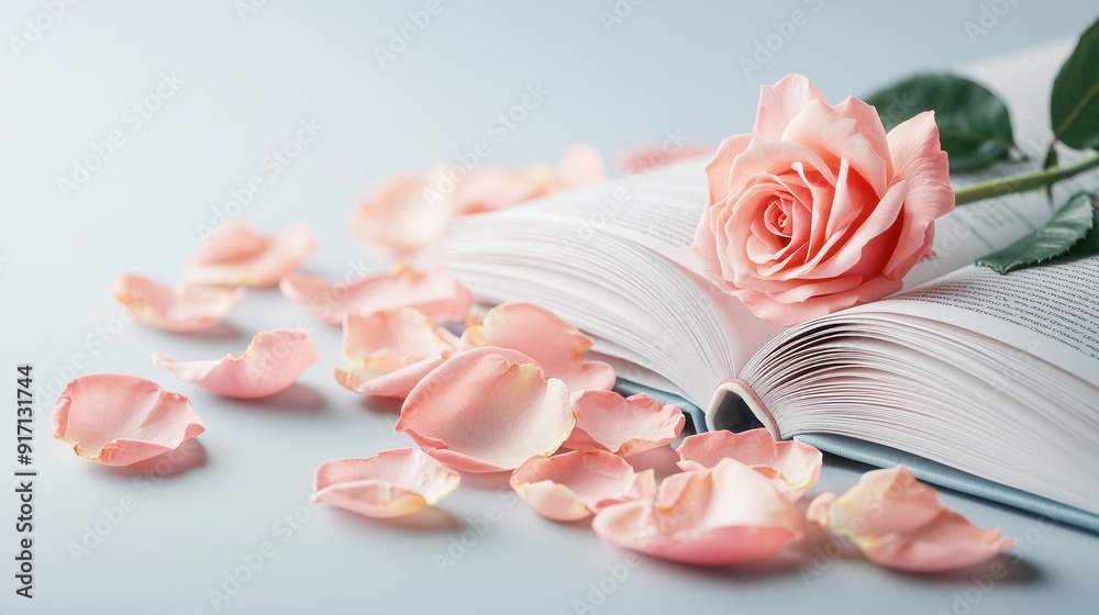 A beautiful pink rose lies on an open book surrounded by delicate rose petals, creating a romantic and serene atmosphere. A beautiful pink rose lies on an open book surrounded by delicate rose petals, creating a romantic and serene atmosphere.