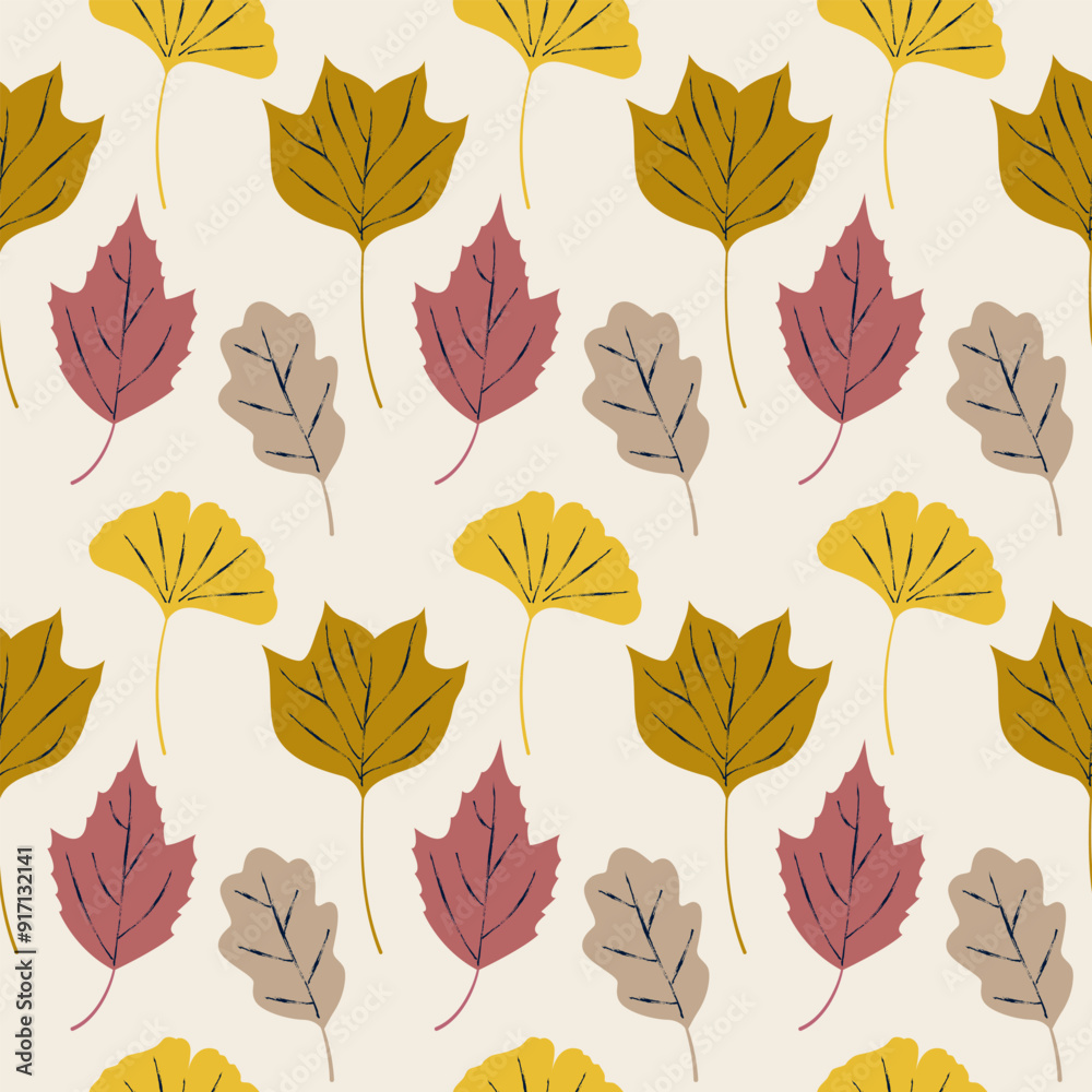 Seamless pattern with various yellow, red, and beige autumn leaves on a light beige background. Design for wallpaper, textile, and print Seamless pattern with various yellow, red, and beige autumn leaves on a light beige background. Design for wallpaper, textile, and print