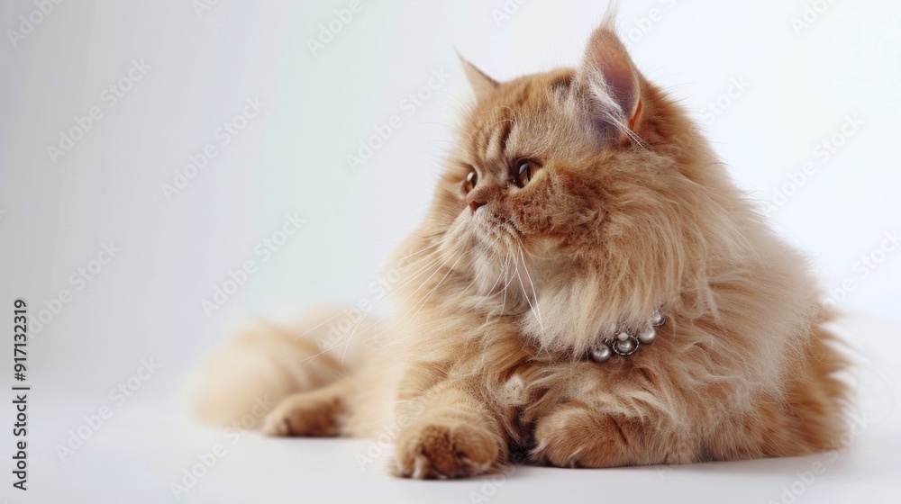 A regal Persian cat with flowing fur and a studded collar, lounging luxuriously on a white surface. The white background accentuates the cat’s aristocratic features and cool, composed expression. A regal Persian cat with flowing fur and a studded collar, lounging luxuriously on a white surface. The white background accentuates the cat’s aristocratic features and cool, composed expression.