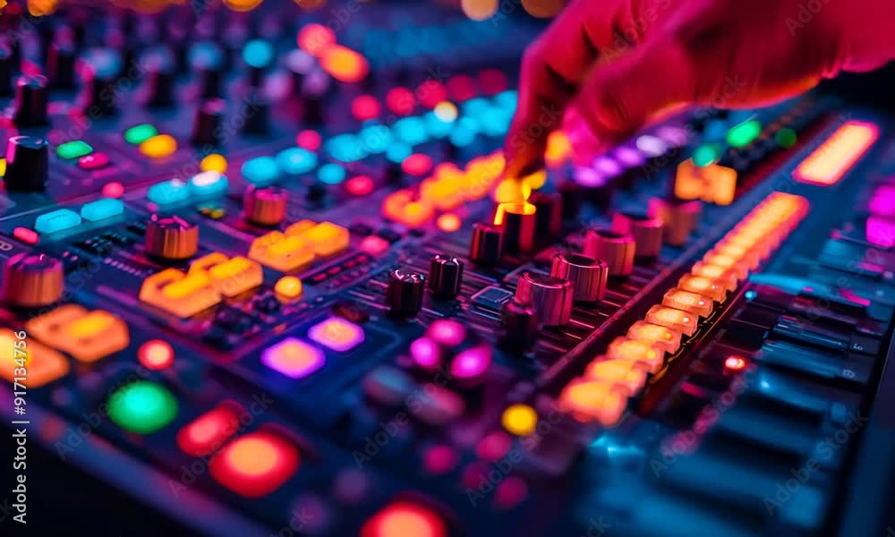 Close up of dj hands playing music on mixer console at nightclub Close up of dj hands playing music on mixer console at nightclub