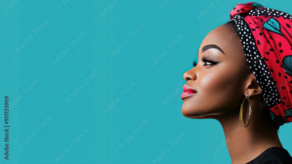 Closeup profile of a woman wearing a patterned headscarf and gold hoop earrings against a blue background. Closeup profile of a woman wearing a patterned headscarf and gold hoop earrings against a blue background.