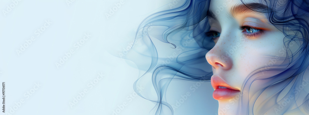 portrait of a woman with hSide profile of a woman's face with flowing hair, space for text, ideal for cosmetics and beauty salons. Face, hair, and abstract blue background. Place for advertising. portrait of a woman with hSide profile of a woman's face with flowing hair, space for text, ideal for cosmetics and beauty salons. Face, hair, and abstract blue background. Place for advertising.