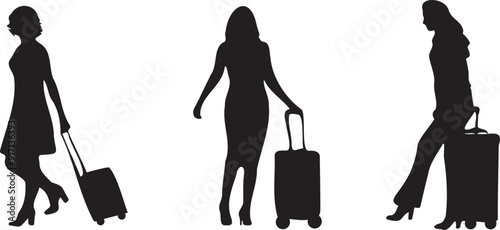 Set of silhouettes of women tourists with suitcases on transparent background