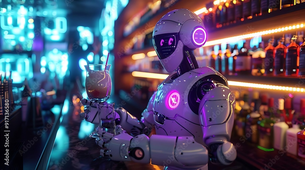 3D Illustration of a Robot Bartender Serving a Cocktail at a Bar with Neon Lights 3D Illustration of a Robot Bartender Serving a Cocktail at a Bar with Neon Lights
