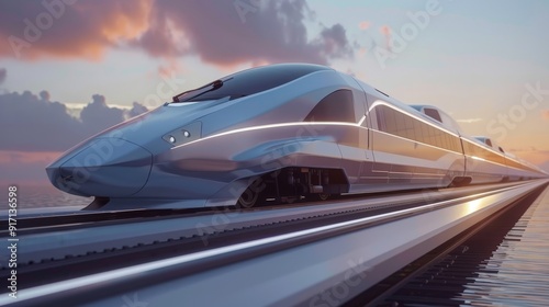 Imagine a 3D model of a high-speed train. Describe the sleek design and advanced technology that make it a marvel of modern engineering