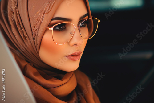 Close-up of a beautiful attractive woman in hijab wearing glasses, emphasizing eye well-being. photo