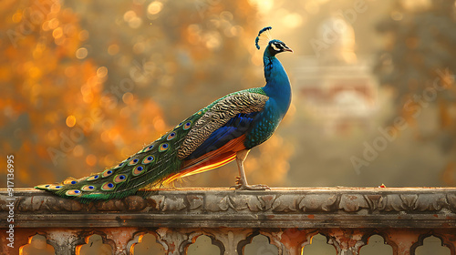 Enchanting scene of peacock perched weathered stone wall ancient courtyard elegant silhouette sweeping tail feather adding touch of grandeur historical setting Keywords peacock ancient courtyard stone