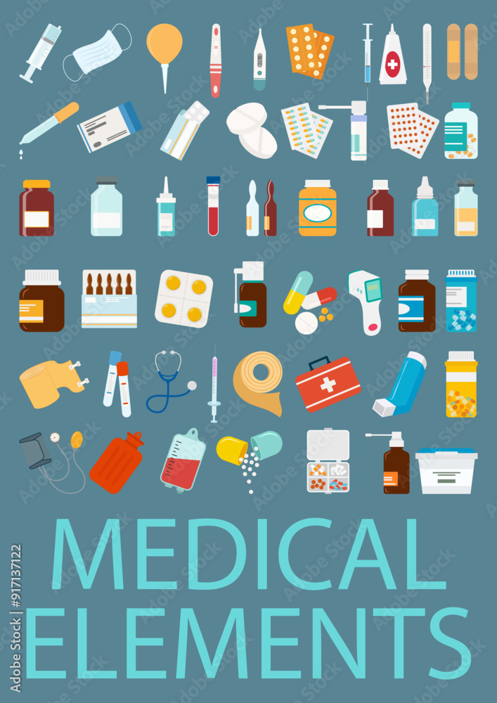 Medicine supplies and pharmacy elements vector Illustrations set Medicine supplies and pharmacy elements vector Illustrations set