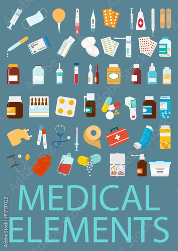 Medicine supplies and pharmacy elements vector Illustrations set