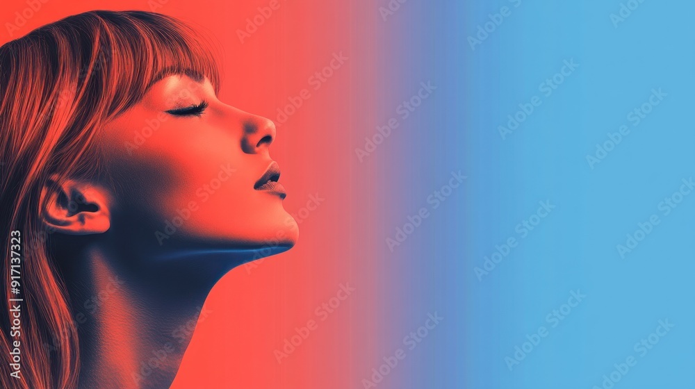 Profile of a woman with red hair, closed eyes, and a soft pink and blue background. Profile of a woman with red hair, closed eyes, and a soft pink and blue background.