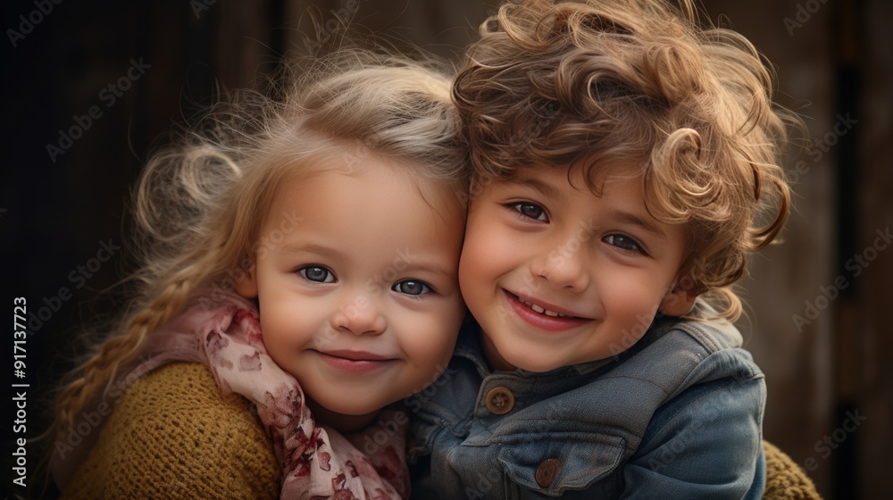 Two children smiling closely together, showcasing joy and friendship. Two children smiling closely together, showcasing joy and friendship.