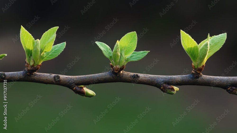 Fresh green leaves budding on tree branches Fresh green leaves budding on tree branches