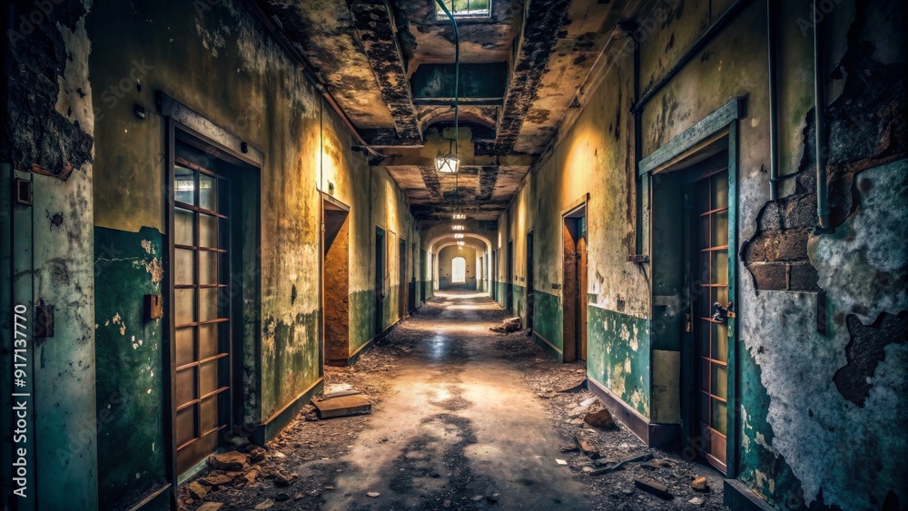 Distant Light in a Decaying Hallway, Long Exposure, Abandoned Building, Eerie Atmosphere, Abandoned Architecture, Doors , Decay Distant Light in a Decaying Hallway, Long Exposure, Abandoned Building, Eerie Atmosphere, Abandoned Architecture, Doors , Decay