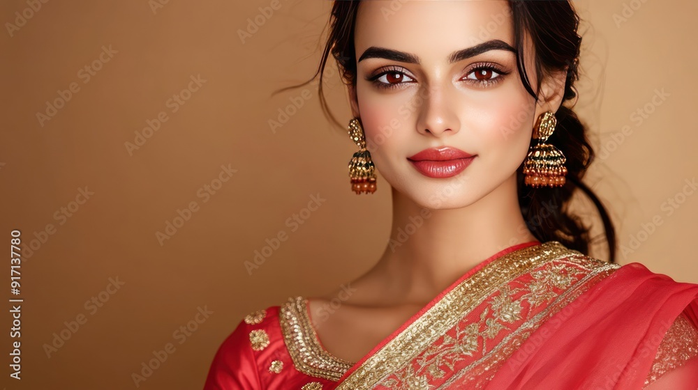 Beautiful woman in a red saree with gold embroidery looking at the camera. Beautiful woman in a red saree with gold embroidery looking at the camera.