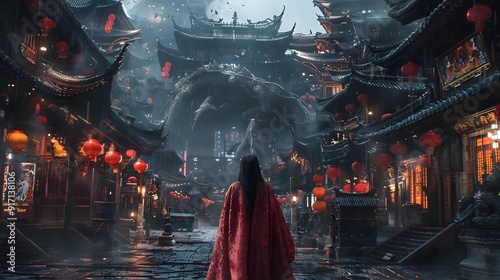 Woman in Red Cape Walking Through Mystical Chinese City.