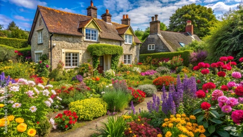 English Cottage Garden - A Stone Cottage Surrounded by a Vibrant Flower Garden, Flowers, Cottage, Garden, English Countryside