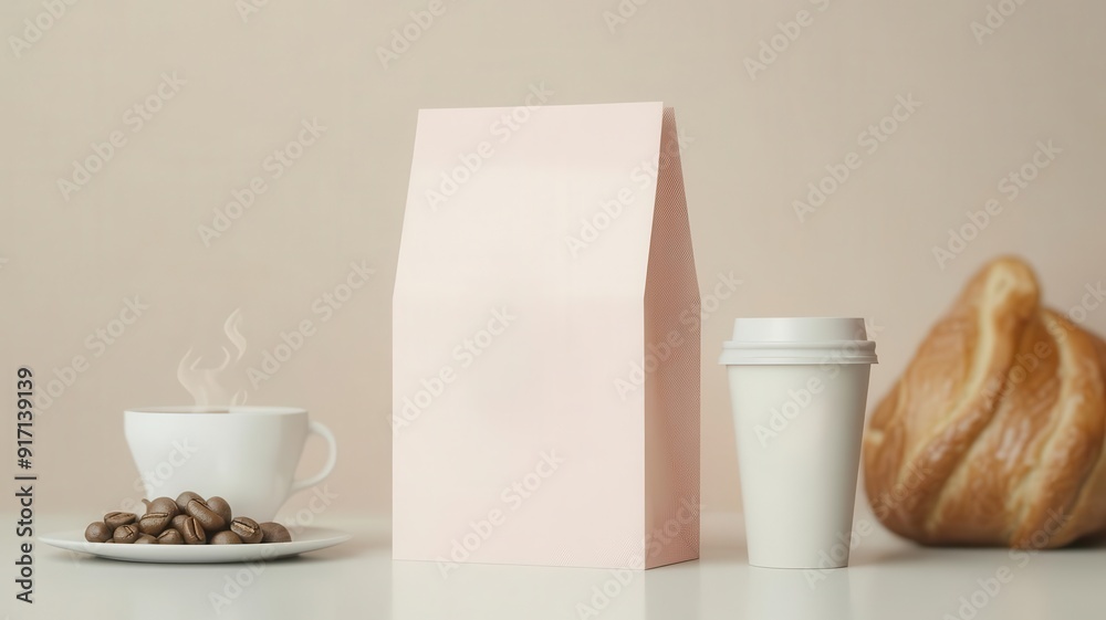 bakery bag design featuring coffee branding elements, minimalist style, soft pastel tones, clean aesthetic bakery bag design featuring coffee branding elements, minimalist style, soft pastel tones, clean aesthetic