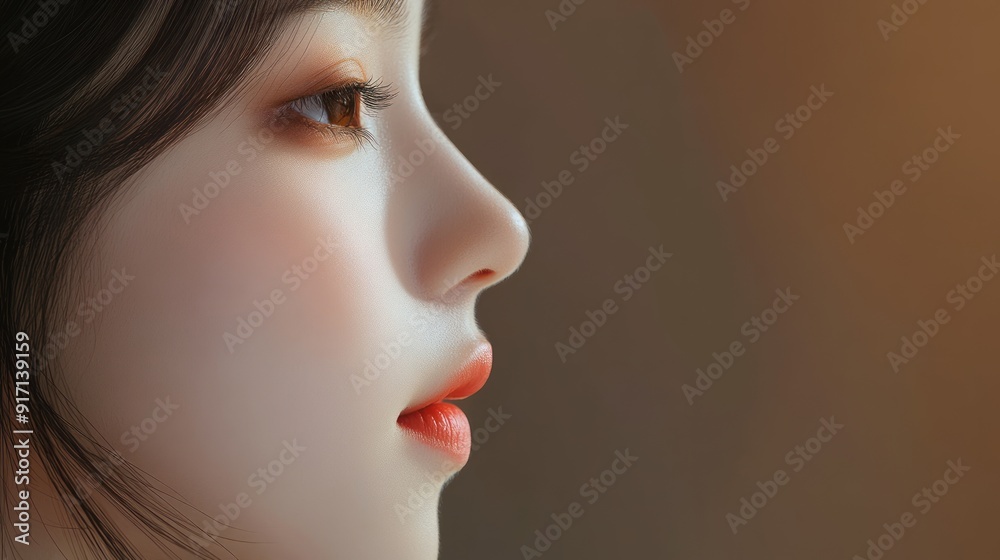 Close-up profile portrait of a woman with long dark hair, red lips, and brown eyes. Close-up profile portrait of a woman with long dark hair, red lips, and brown eyes.