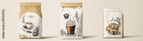 artisan coffee bag design, handdrawn bakery elements, minimalistic packaging style, natural color palette