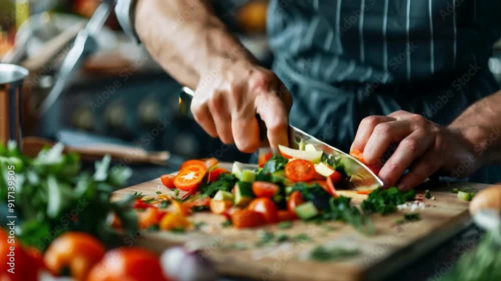 A chef is cutting vegetables on a wooden cutting board. The vegetables include peppers, tomatoes, and cucumbers. The chef is wearing a white apron and is standing in a kitchen. A chef is cutting vegetables on a wooden cutting board. The vegetables include peppers, tomatoes, and cucumbers. The chef is wearing a white apron and is standing in a kitchen.