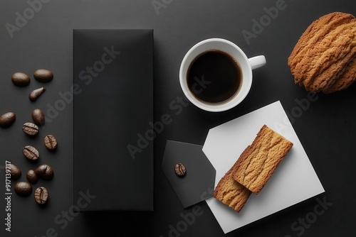 elegant packaging design for coffee and biscotti, minimalist style, bakerythemed elements, dark and light color contrast photo