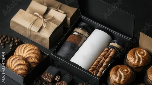 gift set packaging for artisanal coffee and bakery products, modern minimalist design, monochromatic color scheme photo