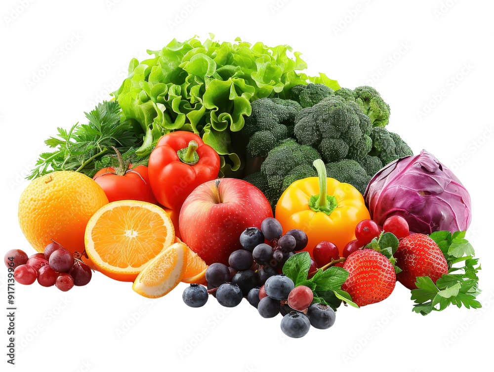 A vibrant assortment of fresh vegetables and fruits featuring lettuce, broccoli, peppers, oranges, and berries. A vibrant assortment of fresh vegetables and fruits featuring lettuce, broccoli, peppers, oranges, and berries.