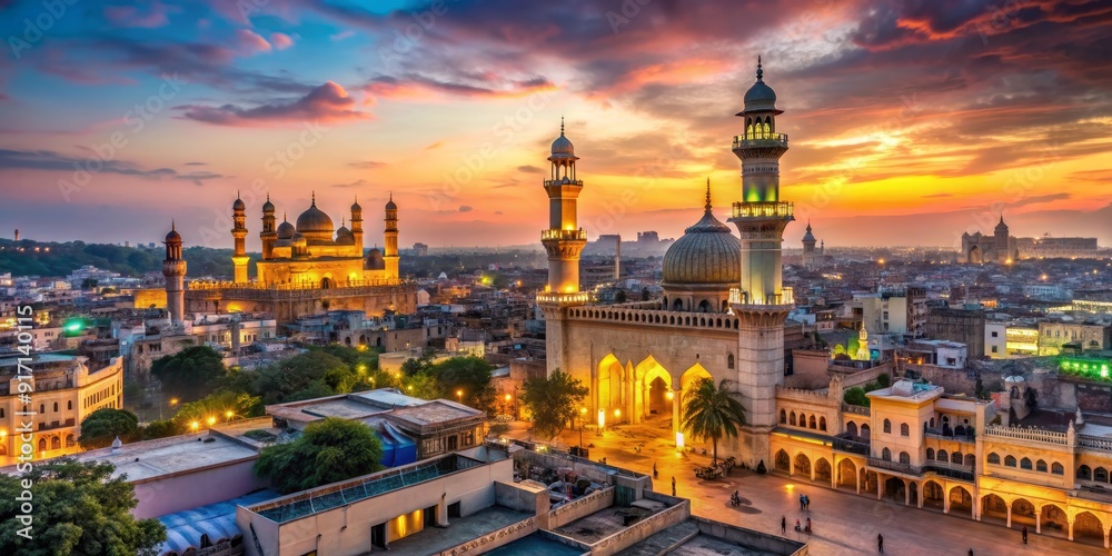 Fototapeta premium Golden Hour over Hyderabad's Majestic Mosques, Drone Photography, Sunset Cityscape, Islamic Architecture, India, Hyderabad, Mosque