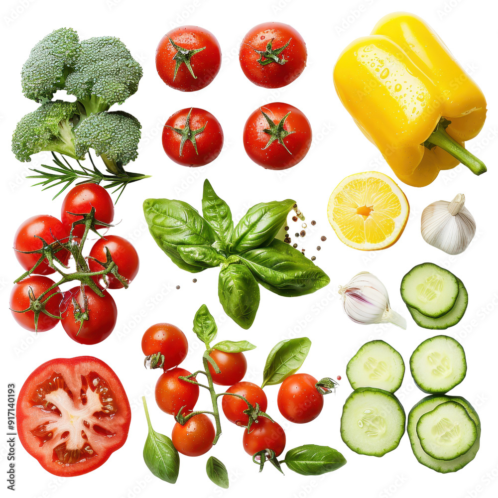 Fresh vegetables including tomatoes, basil, cucumber, and lemon for healthy cooking and vibrant salads. Fresh vegetables including tomatoes, basil, cucumber, and lemon for healthy cooking and vibrant salads.