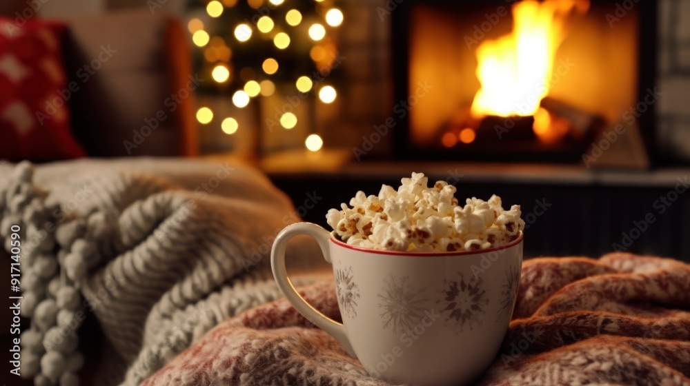 Cozy Winter Night with Popcorn by Fireplace Cozy Winter Night with Popcorn by Fireplace