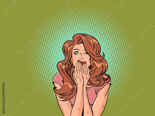 The woman looks at the camera in surprise, covering her mouth with her hands. Shock from a profitable offer for customers. The girl is slightly frightened.