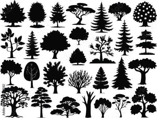 Collection of different park, forest, conifer cartoon trees silhouettes