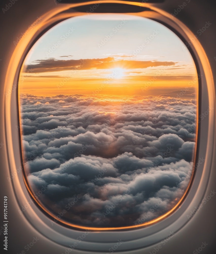 Sunset Grandeur: A Spectacular View Through an Airplane Window, Highlighting the Majestic Colors of the Setting Sun Sunset Grandeur: A Spectacular View Through an Airplane Window, Highlighting the Majestic Colors of the Setting Sun
