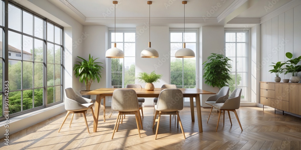 Minimalist Dining Room with Wooden Table and Chairs, Modern Interior Design, Natural Light, Sunbeams, Wood Floor, Dining Room, Minimalist Minimalist Dining Room with Wooden Table and Chairs, Modern Interior Design, Natural Light, Sunbeams, Wood Floor, Dining Room, Minimalist