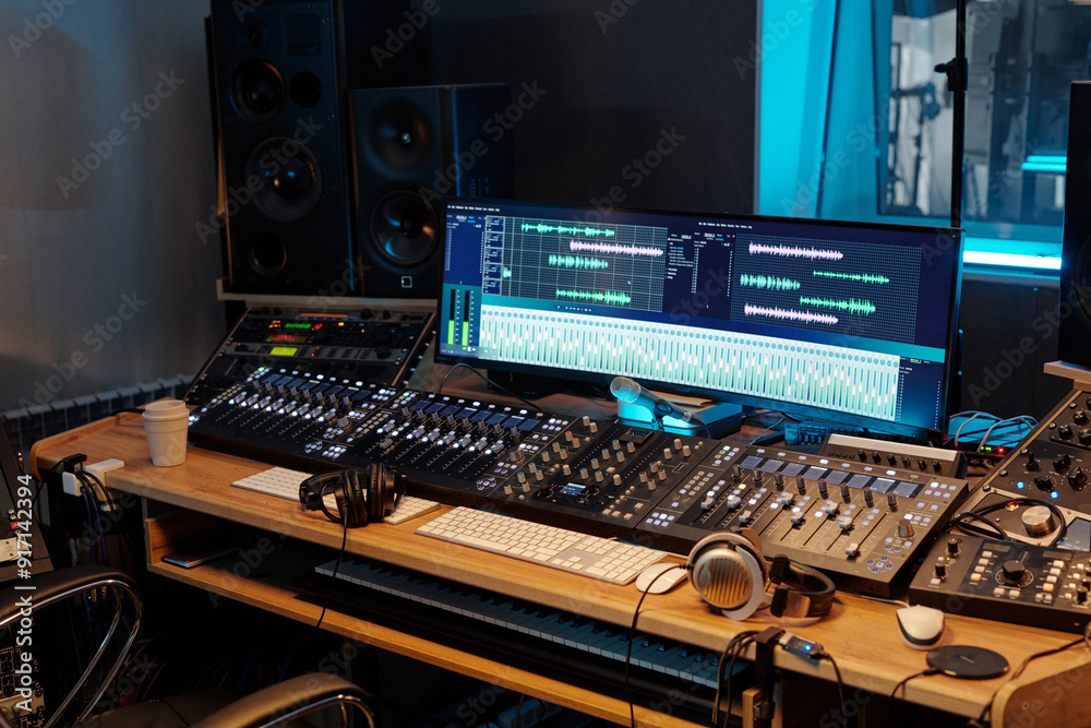 Obraz premium View of professional recording studio with various audio mixing consoles, headphones, and computer screens displaying audio tracks, blue accent lighting illuminating studio space