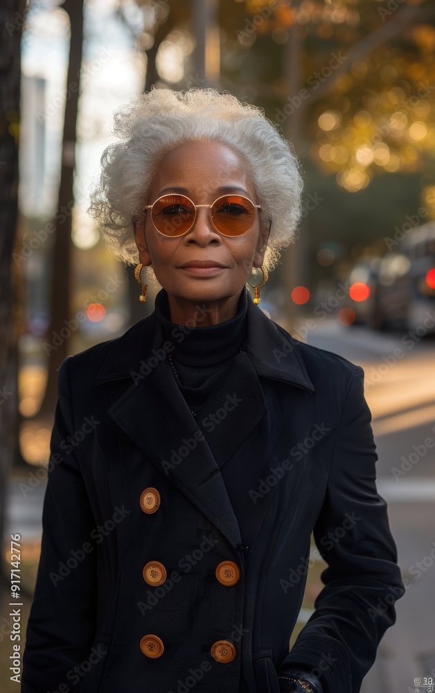 A woman in a black coat and sunglasses is standing on a street. The scene is set in the evening, with the sun setting in the background. The woman is posing for a photo, and there are several cars A woman in a black coat and sunglasses is standing on a street. The scene is set in the evening, with the sun setting in the background. The woman is posing for a photo, and there are several cars