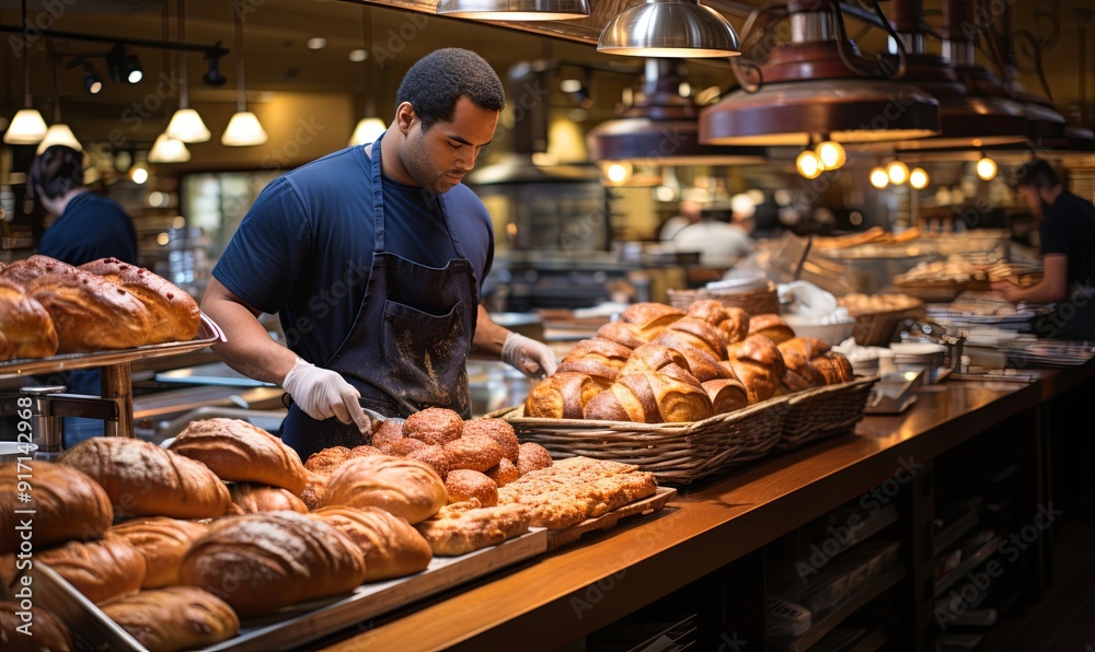 Baker Working Among Bread Loaves Baker Working Among Bread Loaves