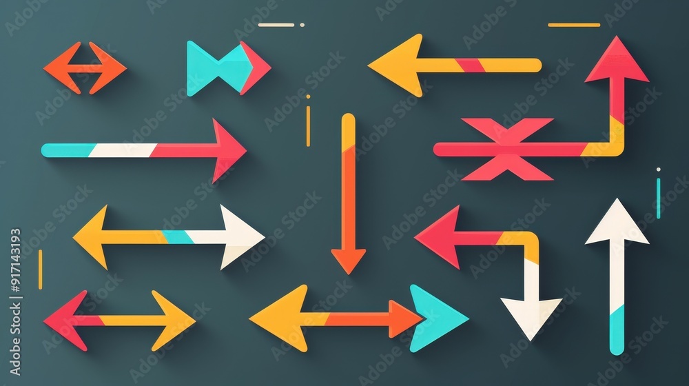 Imagine a set of arrows in various shapes and colors for a data visualization tool. Describe how these variations help in differentiating data points Imagine a set of arrows in various shapes and colors for a data visualization tool. Describe how these variations help in differentiating data points