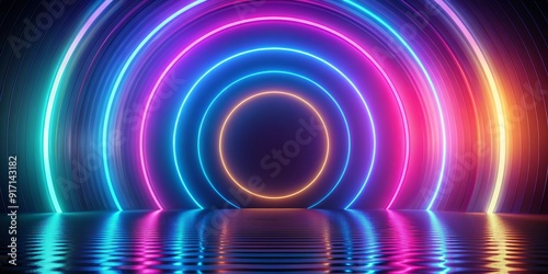 Neon Glow Circles Reflecting on Water, 3D Render, Abstract, Neon, Cyberpunk