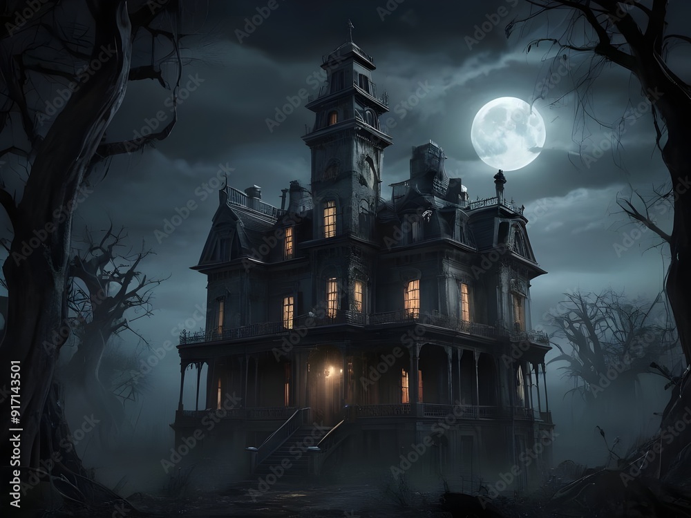 decrepit mansion with eerie glowing windows and mist decrepit mansion with eerie glowing windows and mist