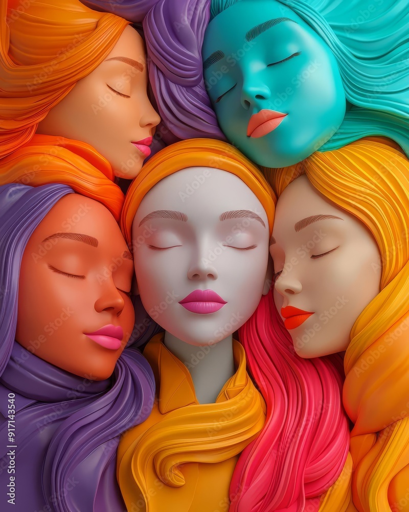 A vibrant composition of five colorful faces with closed eyes, showcasing diverse beauty and artistic expression. A vibrant composition of five colorful faces with closed eyes, showcasing diverse beauty and artistic expression.