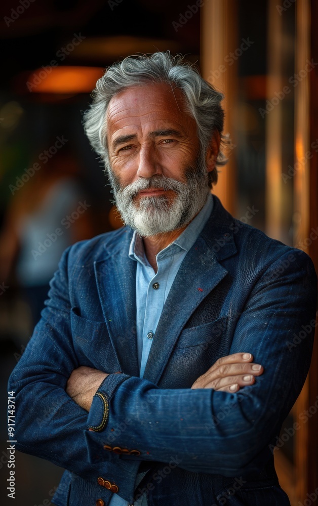 A man with a beard and gray hair is wearing a blue jacket and a blue shirt. He is standing with his arms crossed and looking at the camera