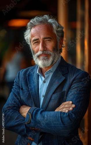 A man with a beard and gray hair is wearing a blue jacket and a blue shirt. He is standing with his arms crossed and looking at the camera