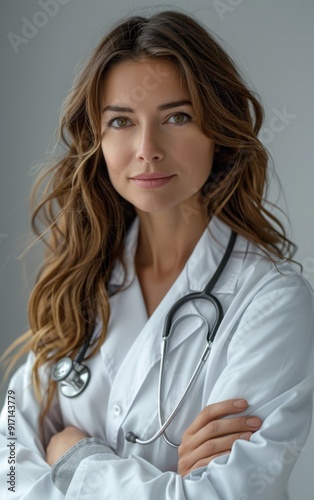 A woman in a white lab coat with a stethoscope around her neck. She is smiling and looking directly at the camera